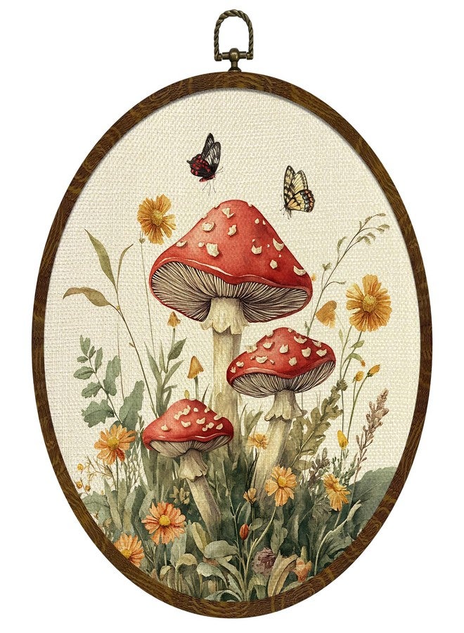 KLYTINK Vintage Fantasy Mushroom Floral Wall Art, Round Canvas Wall Hanging Decor, Fantasy Forest Botanical Illustration, for Living Room,Bedroom,office 10x10 Inch(MG09) - Image 1